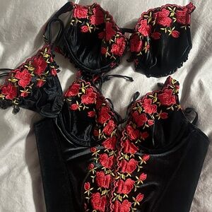 Victoria's Secret Black and Red Floral Lingerie Set